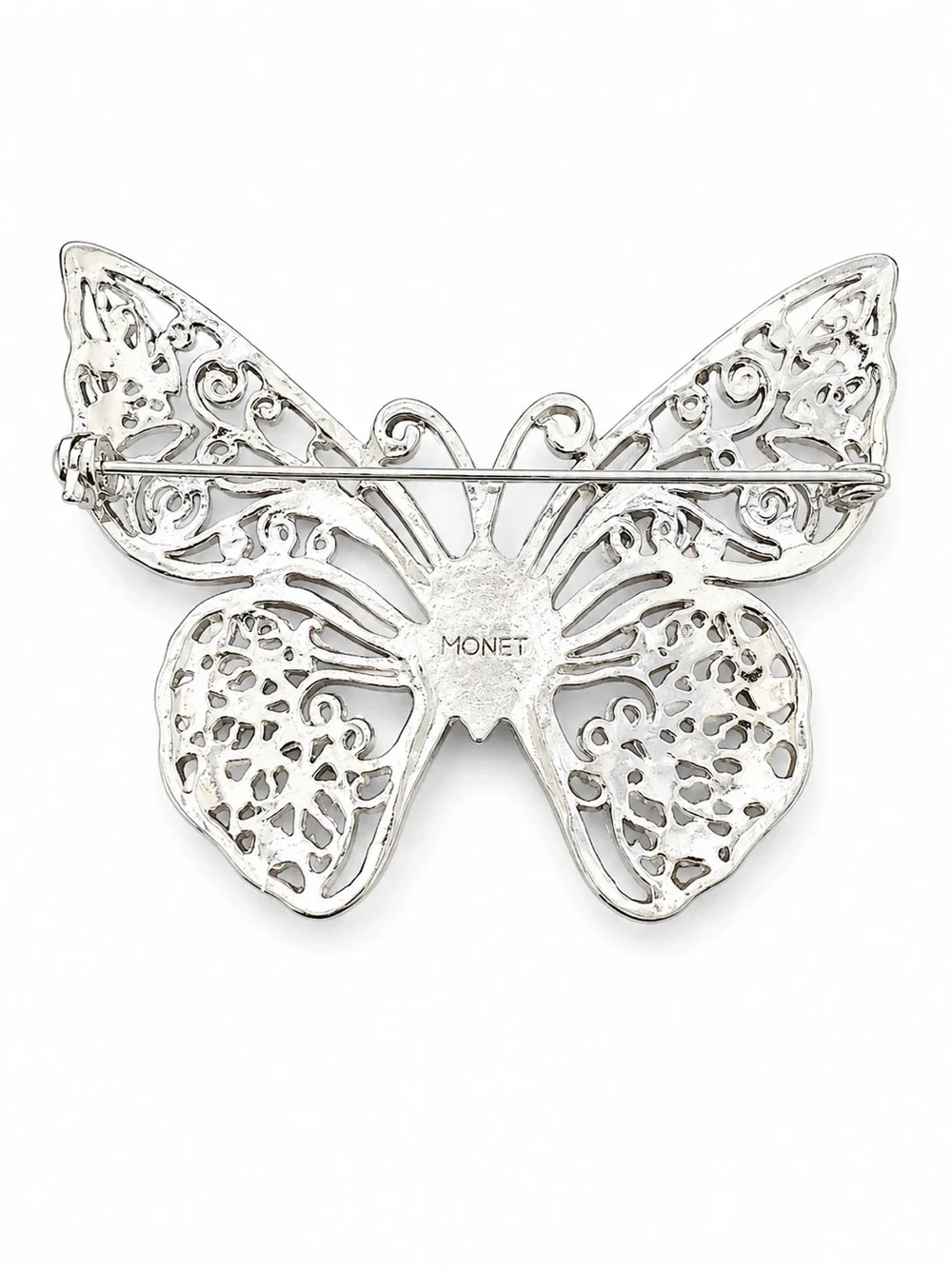 Vintage Monet Butterfly Brooch Silver‎ Tone Filigree Blue Cabochon Accent